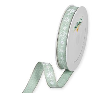 Textilband FLOWER med små vita blommor på ljusgrön bottenfärg, bredd 15mm