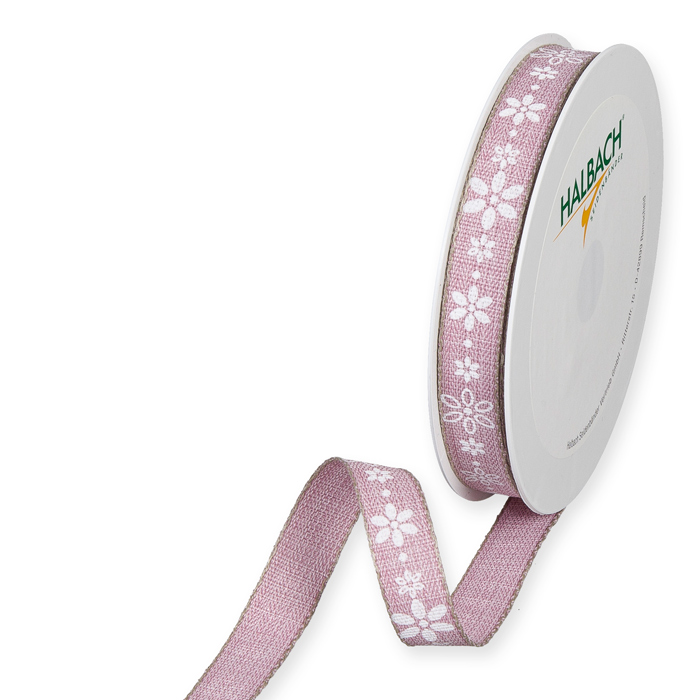 Textilband FLOWER med små vita blommor på ljusrosa bottenfärg, bredd 15mm