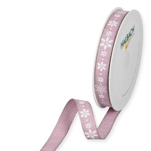 Textilband FLOWER med små vita blommor på ljusrosa bottenfärg, bredd 15mm