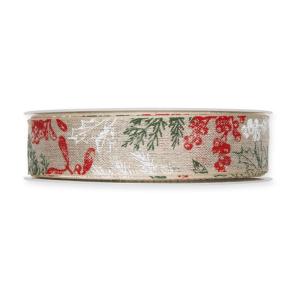 Textilband, tryckta grenar, bär och blad i rött grönt och vitt, linnefärgad botten, ståltrådskant