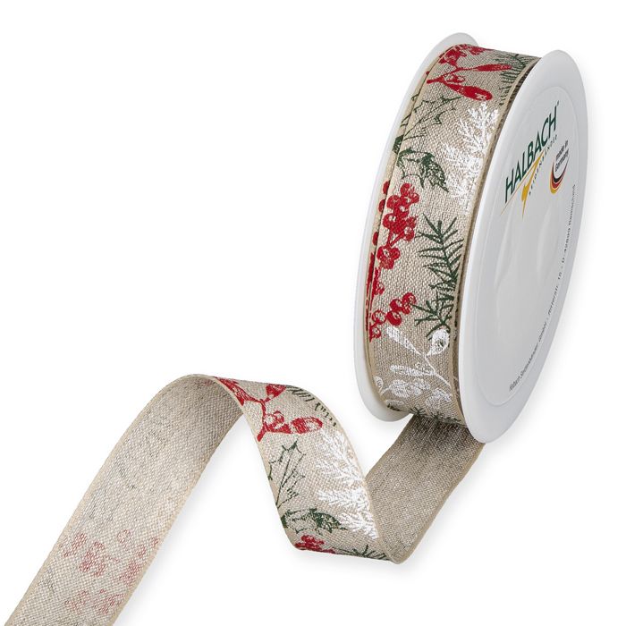 Textilband, tryckta grenar, bär och blad i rött grönt och vitt, linnefärgad botten, ståltrådskant