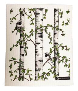 Disktrasa Björkdungen med Sädesärlor på skira björkgrenar bland björkstammar