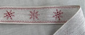Textilband, linnefärgad med tryckta röda snöflingor, ståltrådskant