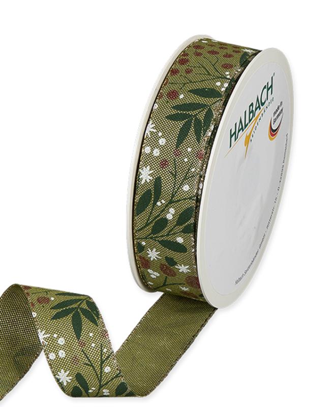 Textilband, tryckta stjärnor, kvistar, bär och blad i rött grönt och vitt, olivgrön botten, guldtråd i kanten
