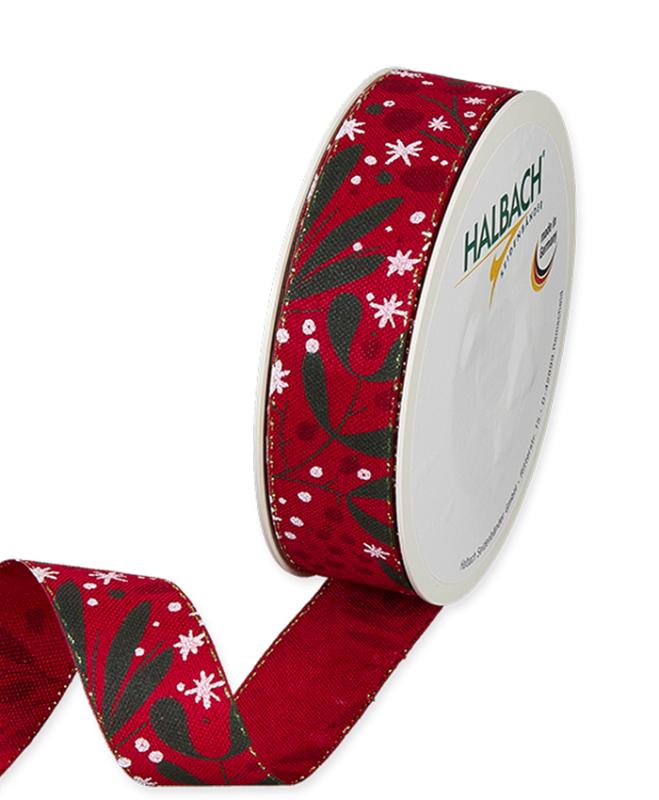 Textilband, tryckta stjärnor, kvistar, bär och blad i rött grönt och vitt, röd botten, guldtråd i kanten