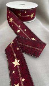Textilband, melerad mörkröd med guldstjärnor och guldrand