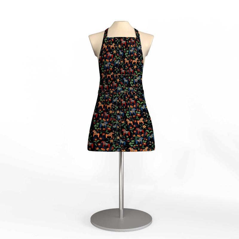 Mini Förkläde LEKSAND 65x85cm, små dalahästar, svart