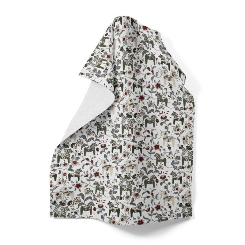 Kökshandduk LEKSAND MINI med små dalahästar i grönt