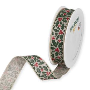 Textilband, tryckt järnek i rött och grönt på linnefärgad botten, ståltrådskant