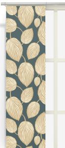 Panelgardin LYCKANS BLAD, med stora blad i beige på turkos bottenfärg