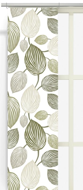 Panelgardin LYCKANS BLAD, Arvidssons Textil med stora blad i olivgrönt på offwhite bottenfärg