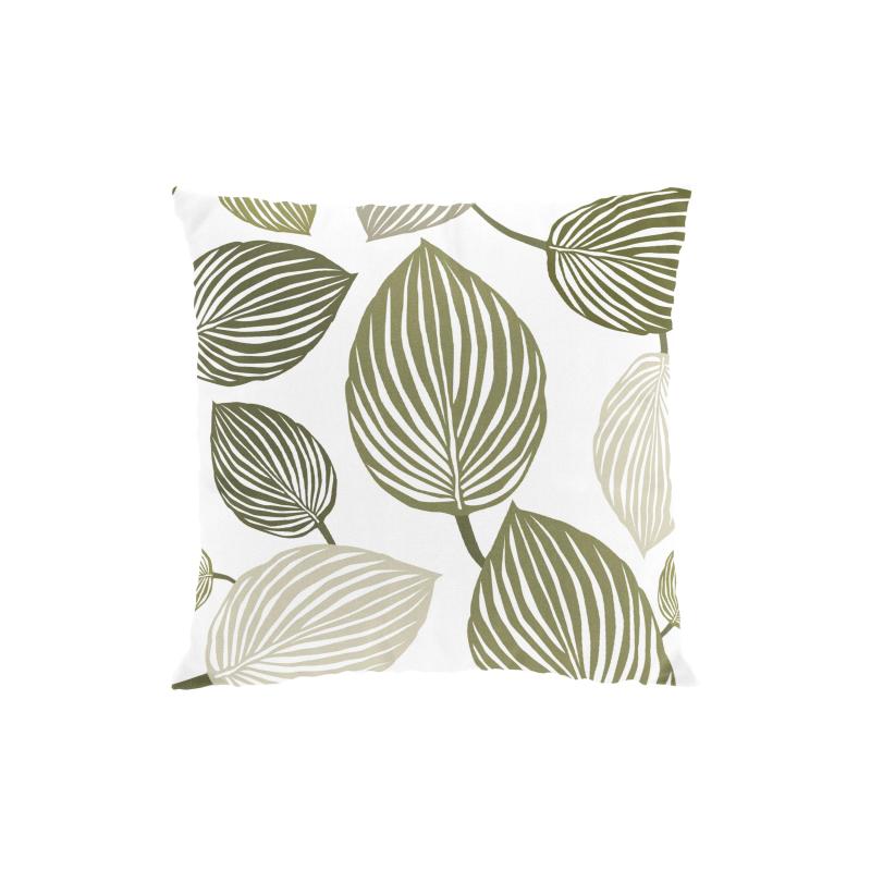 Kuddfodral LYCKANS BLAD, med stora blad i olivgrönt på offwhite bottenfärg