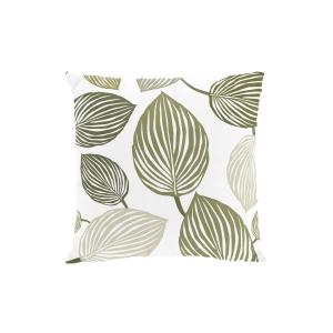 Kuddfodral LYCKANS BLAD, med stora blad i olivgrönt på offwhite bottenfärg