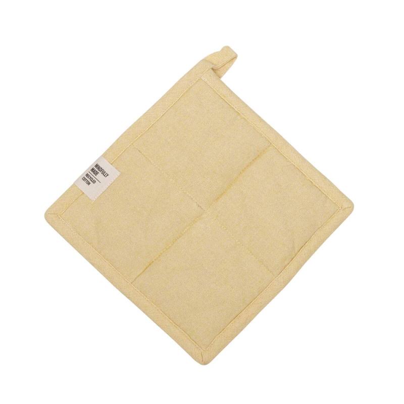 Grytlapp VIDE återvunnen textil, enfärgad gul med stickningar,