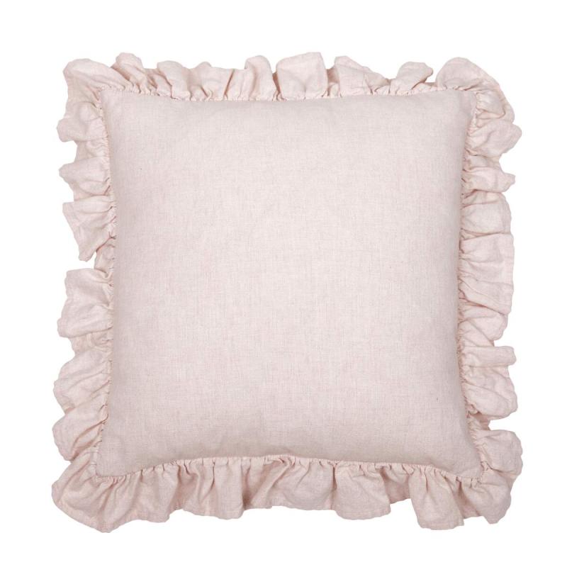 Kuddfodral VIDE, enfärgad i återvunnen textil i ljusrosa med volang runt kanten