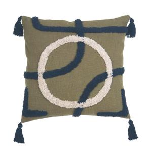 Kuddfodral Troy, grafiskt, upphöjt, lurvigt mönster med tofsar i hörnen, grön/svart/offwhite stl:48x48cm