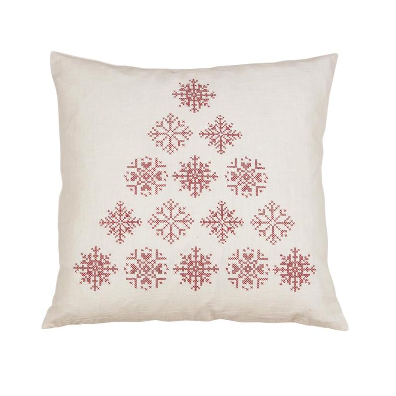 Kuddfodral Gran, snöflingor i röda korsstygn på vit botten, Stl.48x48cm