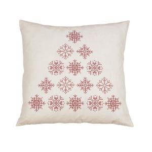 Kuddfodral Gran, snöflingor i röda korsstygn på vit botten, Stl.48x48cm