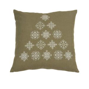 Kuddfodral Gran, snöflingor i vita korsstygn på grön botten, Stl:48x48cm