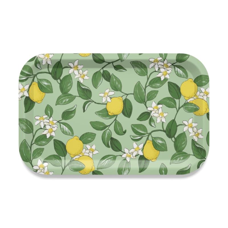 Rektangulär bricka CITRONLYCKA, gula citroner på grön bottenfärg