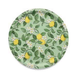Rund bricka CITRONLYCKA med gula citroner på grön bottenfärg