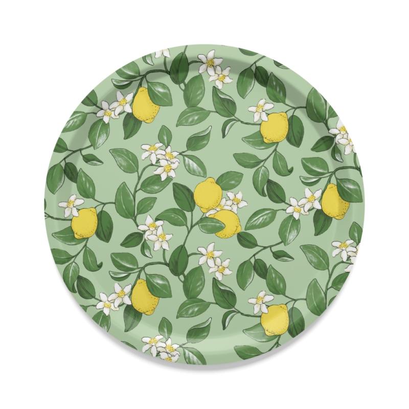 Rund bricka CITRONLYCKA med gula citroner på grön bottenfärg
