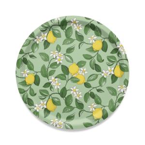 Rund bricka CITRONLYCKA med gula citroner på grön bottenfärg