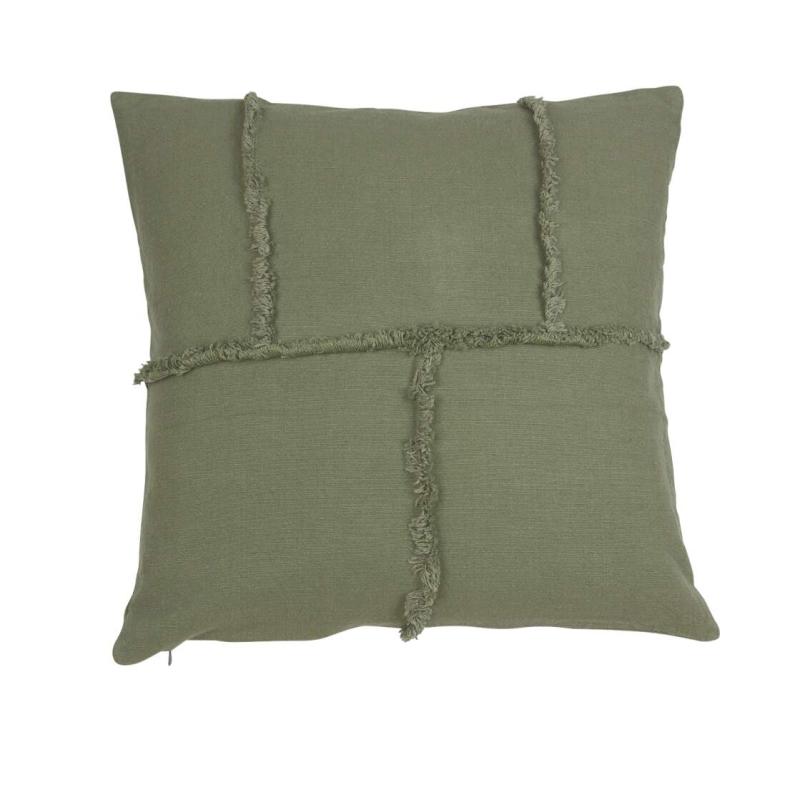 Grönt kuddfodral med stora synliga sömmar