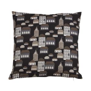 Kuddfodral STAD med husfasader, stl. 48X48 cm, svart