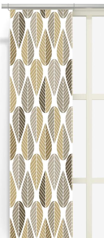 Panelgardin Blader, Arvidssons Textil, grafiskt retro mönster i havregult, beige och brunt