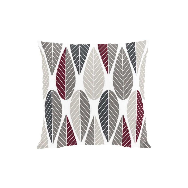 Kuddfodral Blader, grafiskt retro mönster. Stl. 47x47cm, gråbeige, vinröd