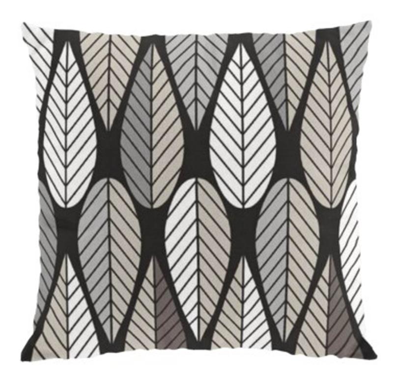 Kuddfodral Blader, grafiskt retro mönster. Stl. 47x47cm, svart, grå, mullvad