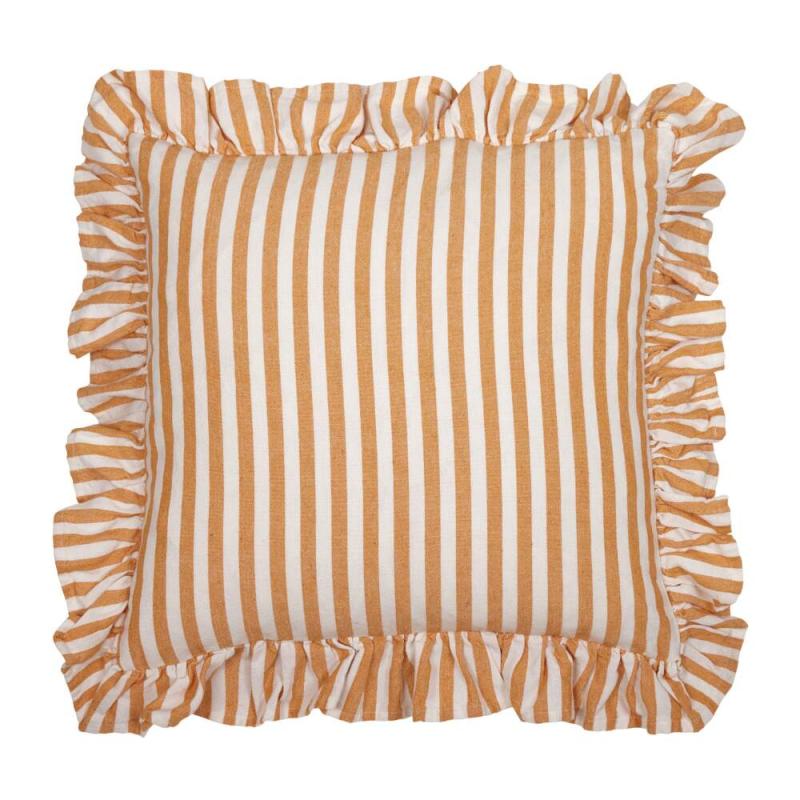 Kuddfodral SVEA, apelsinfärgad och vit randig med volang runt kanten