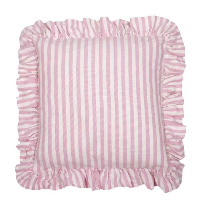 Kuddfodral SVEA, rosa och vit randig med volang runt kanten