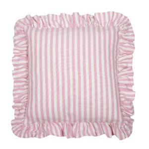 Kuddfodral SVEA, rosa och vit randig med volang runt kanten