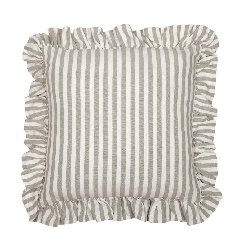 Kuddfodral SVEA, lindblomsgrön och vit randig med volang runt kanten