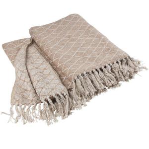 Pläd Thea i linnefärg med fransar och rutmönster i offwhite