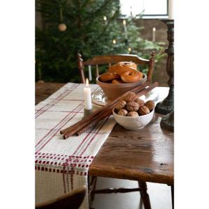 Bordslöpare Vera i beige med frans, vävd med stora rutor i rött och linnefärg