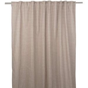 Gardin Dora med tryckt rött rutmönster på linnefärgat tyg