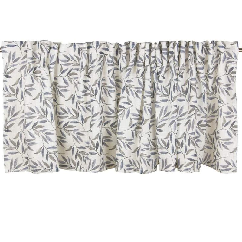 Gardinkappa Louie med små långsmala blad i grått och blått på offwhite botten