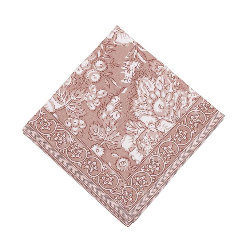 Servett, liten duk SONIA, blommig och bård runt om kanten, ljusrosa bottenfärg