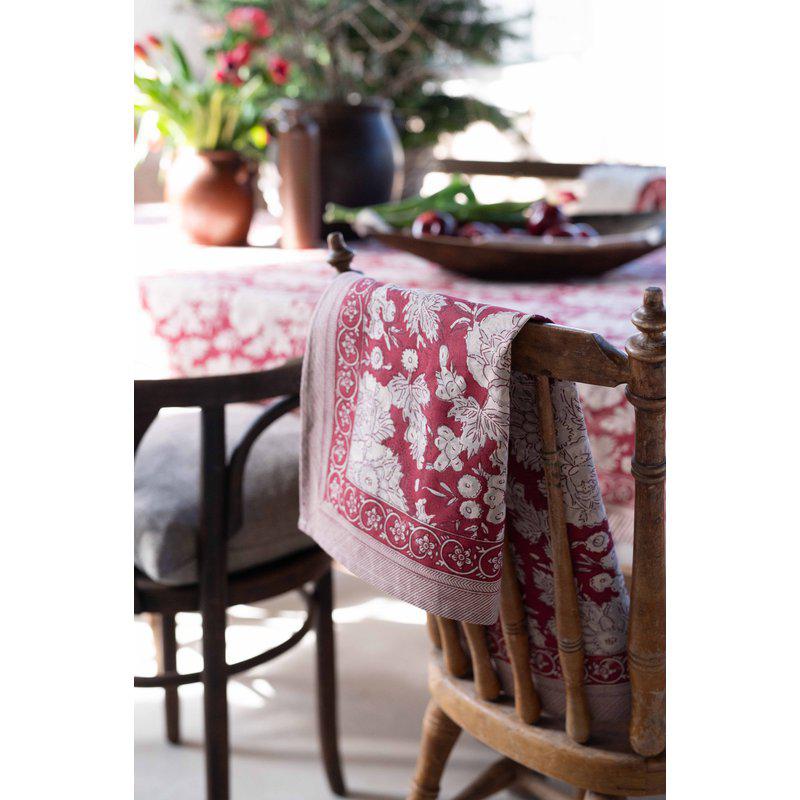 Kökshandduk SONIA, blommig och bård runt om, röd bottenfärg - Trendhuset