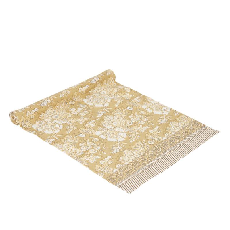 Bordslöpare SONIA, blommig och bård i kortsidorna, gul bottenfärg