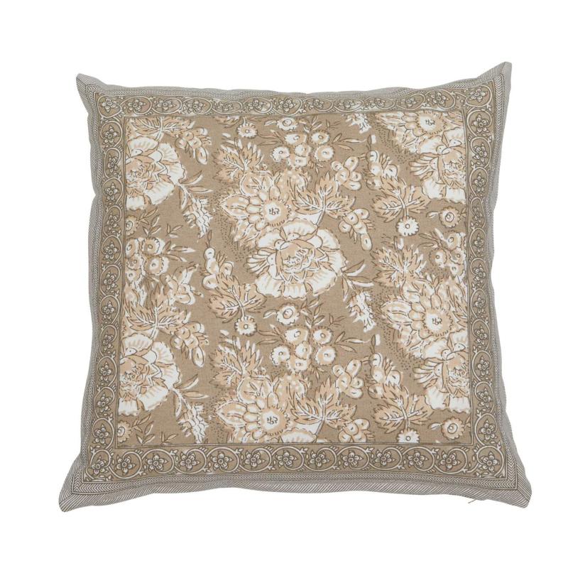 Kuddfodral SONIA, blommig och bård runt om, linnefärgad botten