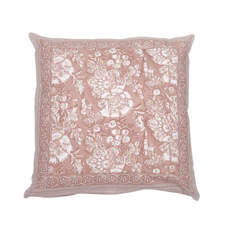 Kuddfodral SONIA, blommig och bård runt om, ljusrosa bottenfärg