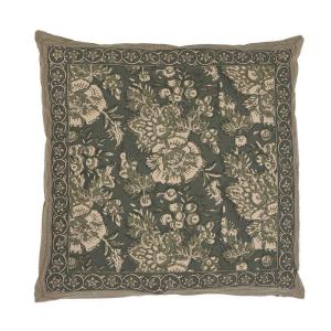 Kuddfodral SONIA, blommig och bård runt om, mörkgrön botten