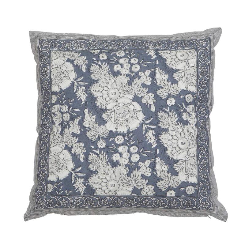 Kuddfodral SONIA, blommig och bård runt om, blå botten