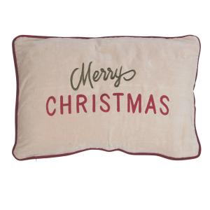 Kuddfodral CHRISTMAS i beige sammet med broderad text Merry Christmas