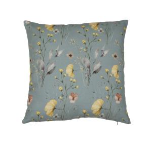 Kuddfodral LYKKE med blommor och blad i gult med grön bottenfärg