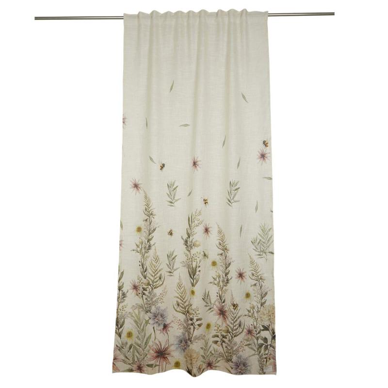 Gardin FLORA med ett klättrande blommönster från gardinens nederkant och uppåt i mjuka jordnära kulörer